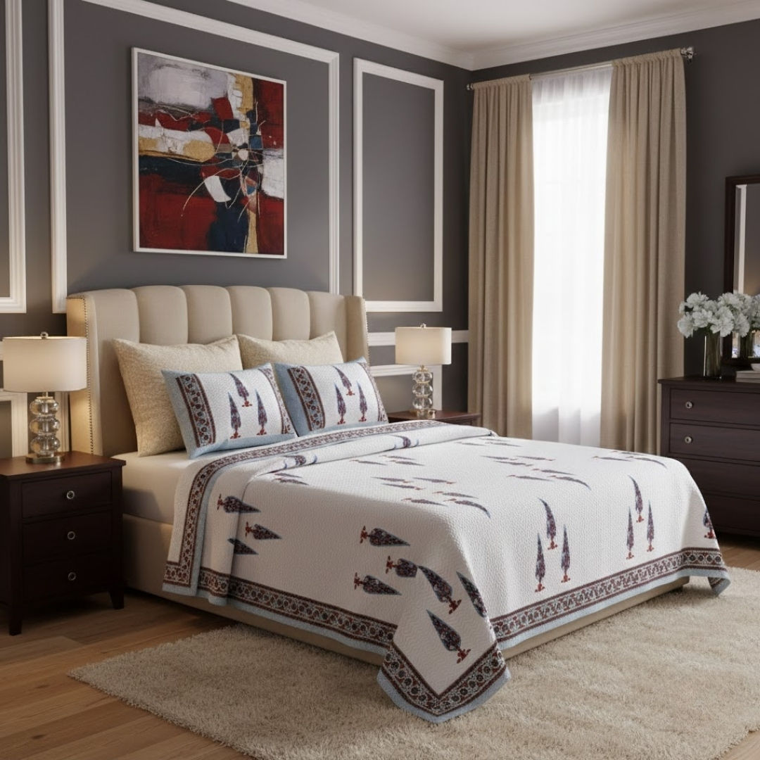 Elemental Elegance Maroon Block Print Pure Cotton Double Bedsheet